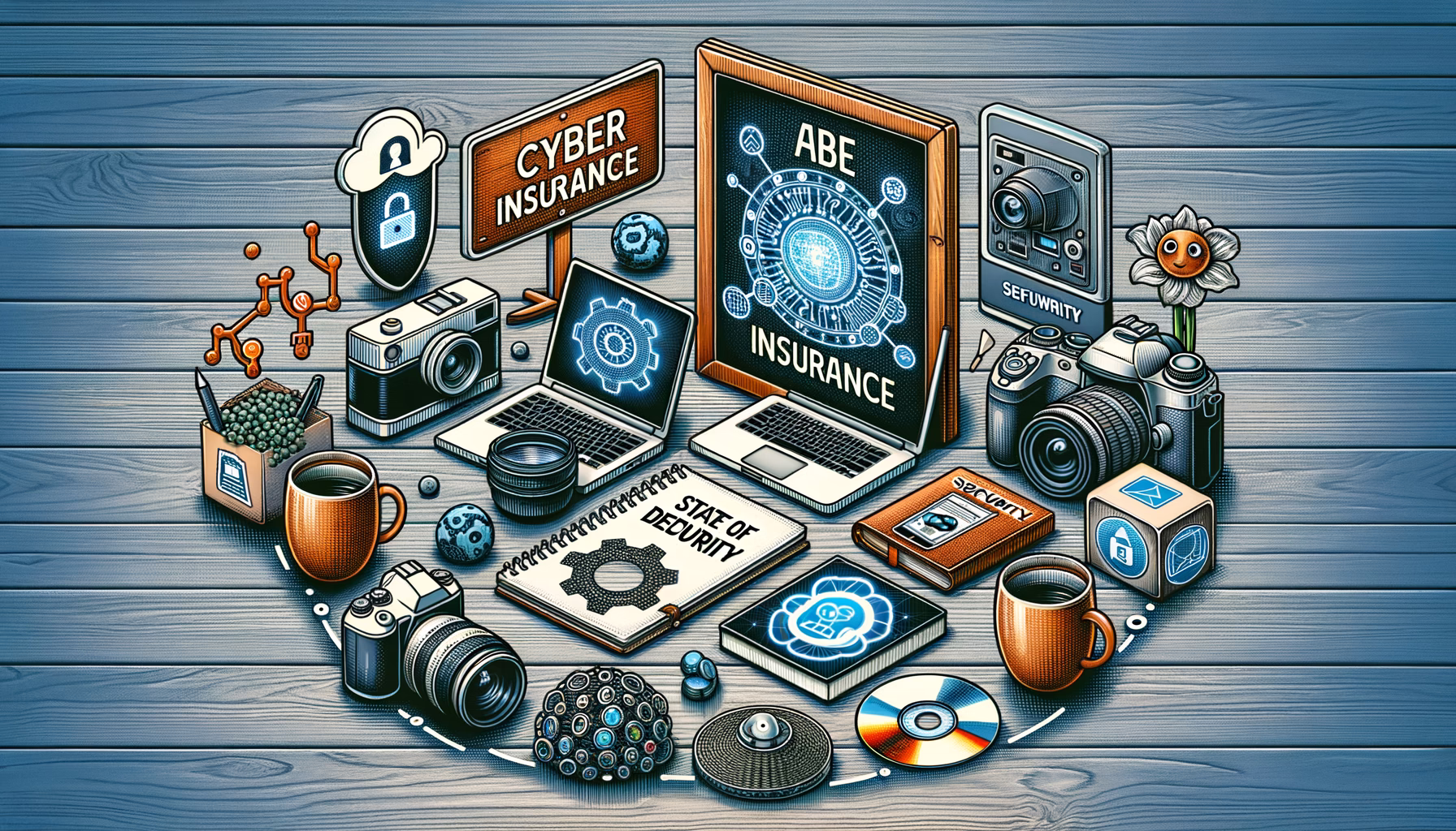 KDB Tech-Update 202410301602 Symbolische Icons auf einem Schreibtisch: Cyberversicherung, KI-Entwicklung, Video-Bearbeitung, Web-Schutz, DevOps-Notiz und Firewall.