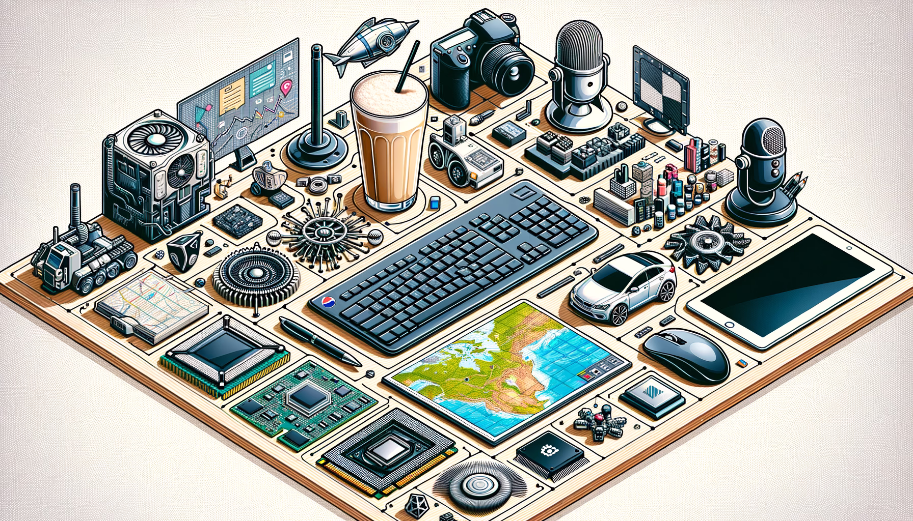KDB Tech-Update 202410311603 Modern gestalteter Technik-Arbeitsplatz mit Tastatur, Computer-Monitor, Mikrofon, Schaltkreisen, Grafikkarte/Prozessor und Karten-Layout.