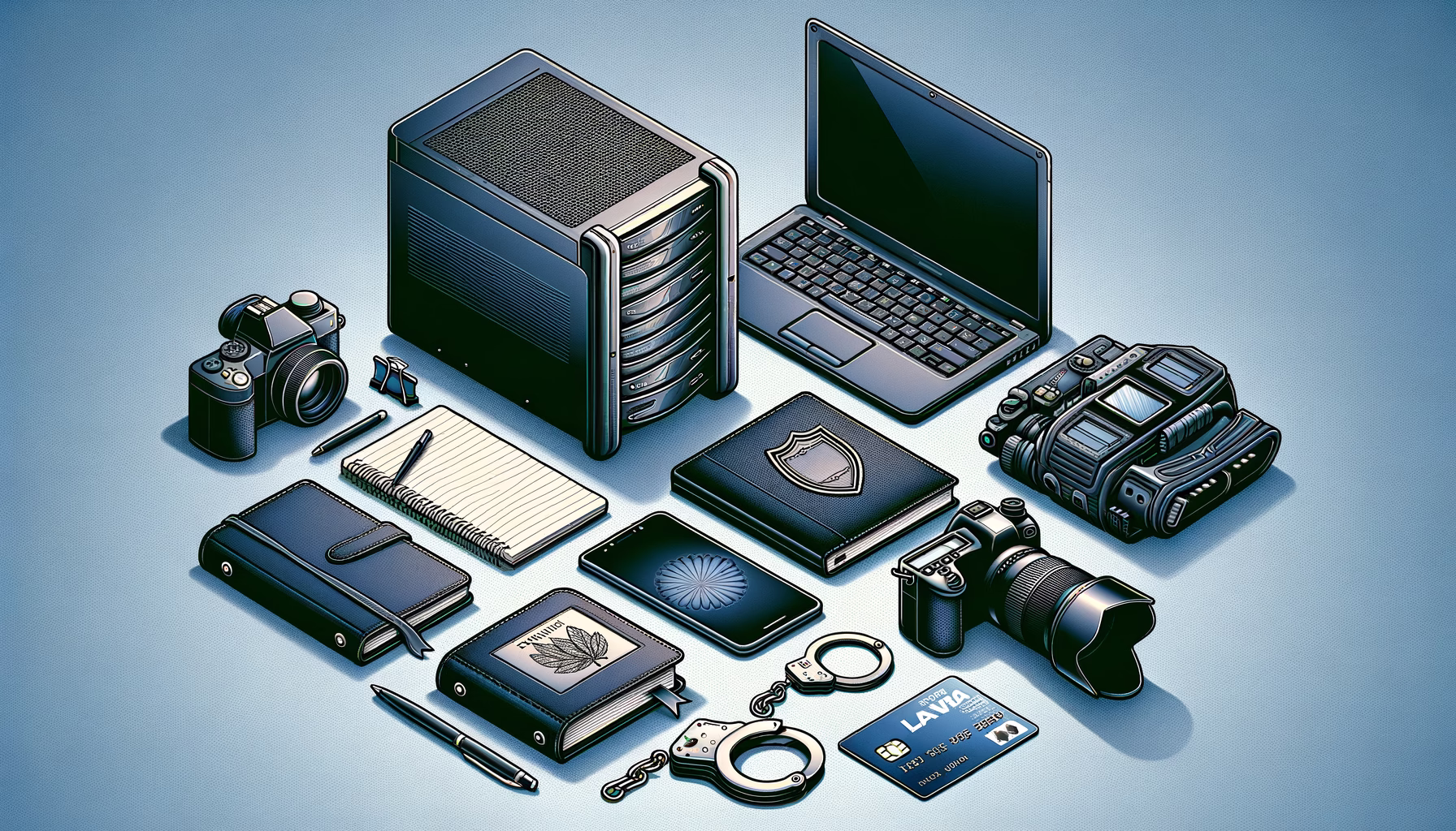 KDB Tech-Update 202411031603 Technik-Set auf Schreibtisch: Server, Laptop, Smartphone, Datenträger und Kamera; Symbole für Sicherheit und Rechtskonformität.