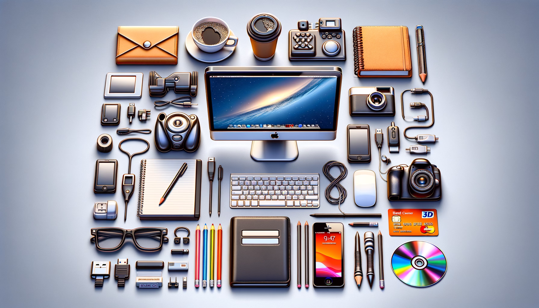 KDB Tech-Update 202411040604 Anordnung von Technik- und Bürogegenständen auf Schreibtisch: Computer, Notebook, Smartphone, Zubehör, Stifte, Kamera, DVD und 3D-Brille für Überblick.