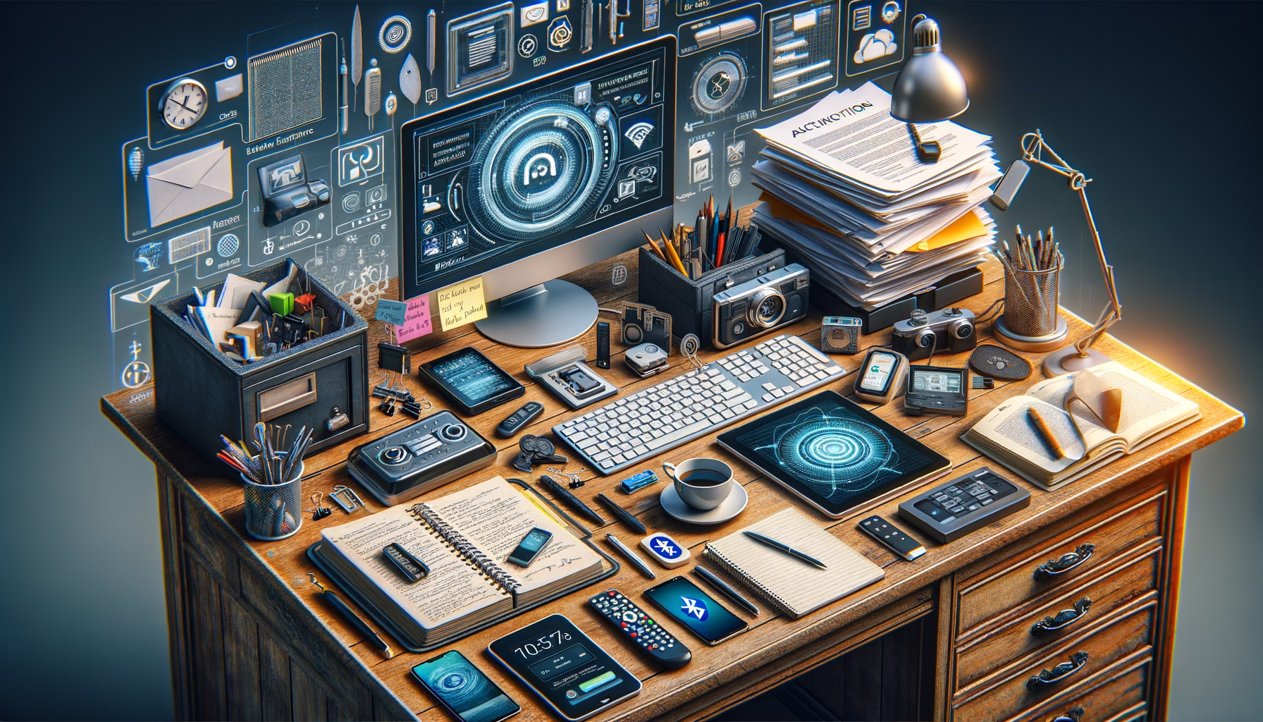 KDB Tech-Update 202411041605 Technik-Desk mit Rechner, Sicherheitsanzeigen, Authentifizierungsgerät, Dokumentenstapel, Notizbuch und Tablet; zeigt Datensicherheit und Update-Betrieb.