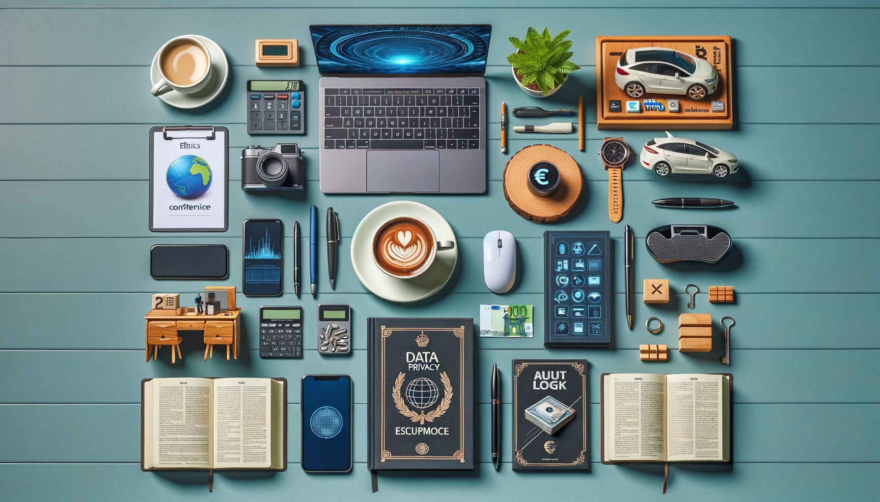 KDB Tech-Update 202411050606 Übersichtliches Tech-Arbeitssetup: Laptop, Bücher zu IT-Sicherheit und Datenschutz, Smartphone, Tablet, Münzsymbol, Auto-Modell und Notizblock.