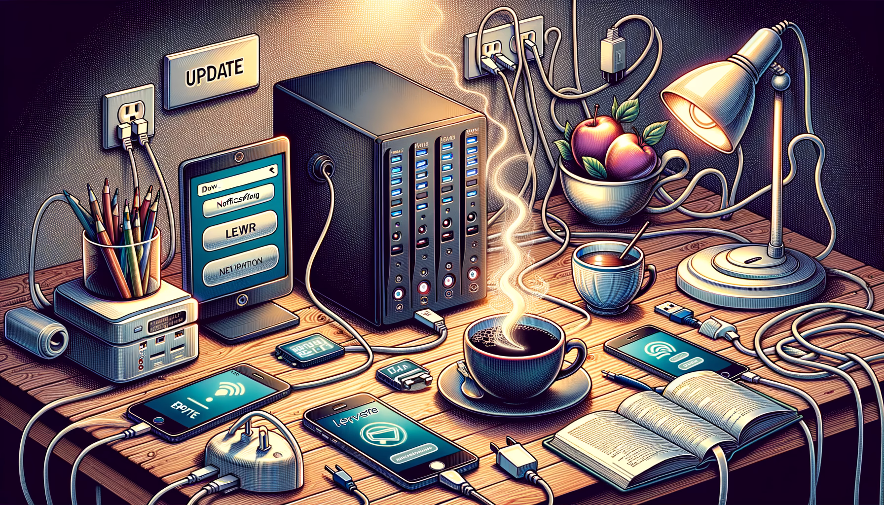 KDB Tech-Update 202411051602 Technik-Desk: Server mit leuchtenden Statusanzeigen, Update-Schaltfläche, angeschlossene Smartphones, Kabelsalat, Laptop/Monitor und Notizbuch; zeigt Datenbetrieb.