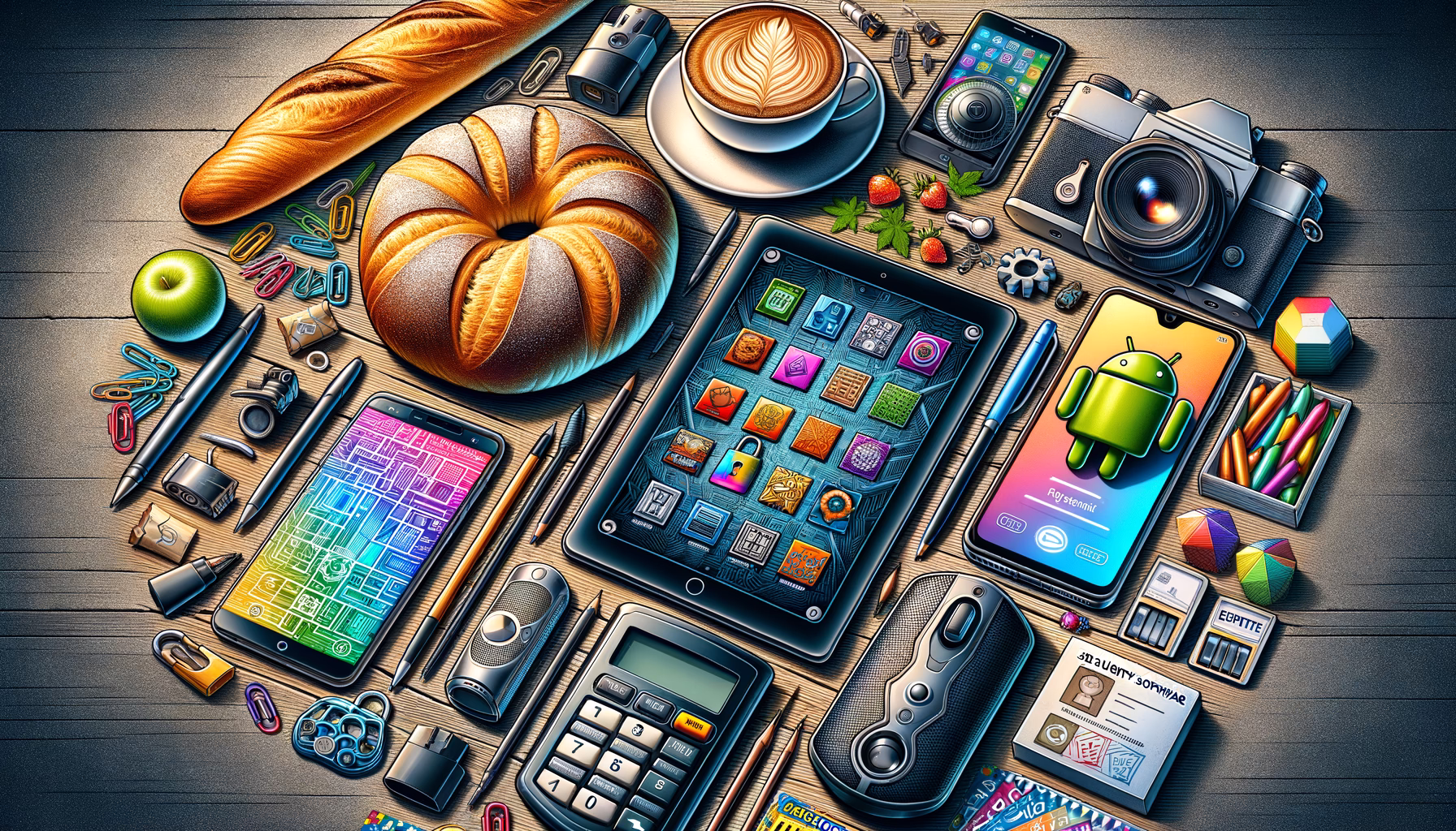 KDB Tech-Update 202411060604 Illustration eines Arbeitsplatzes mit Tablet, Smartphone und Laptop, Sicherheits- und Update-Elementen sowie Gadget- und Alltagsobjekten zur Technikinspiration