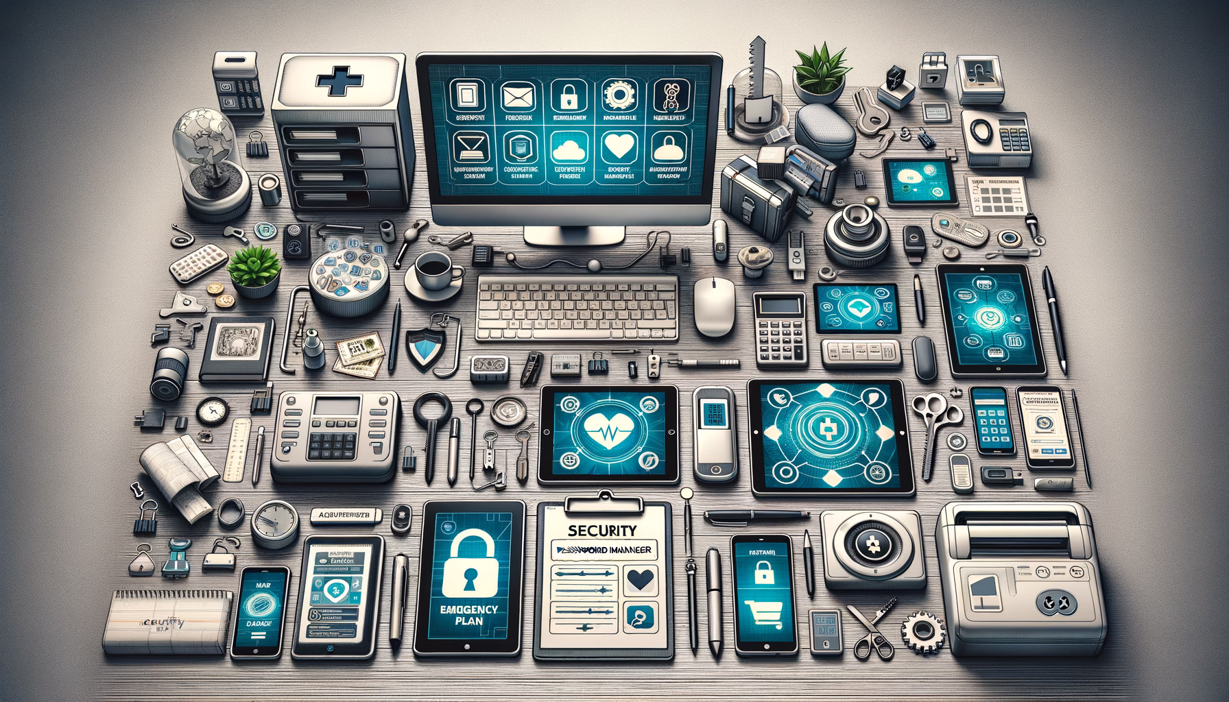 KDB Tech-Update 202411061601 Technik-Arbeitsplatz: Laptop, Rechner, Tablets und Handys neben Sicherheits- und Notfall-Plan-Elementen, Scanner, Drucker und Tools zur Datensicherung.