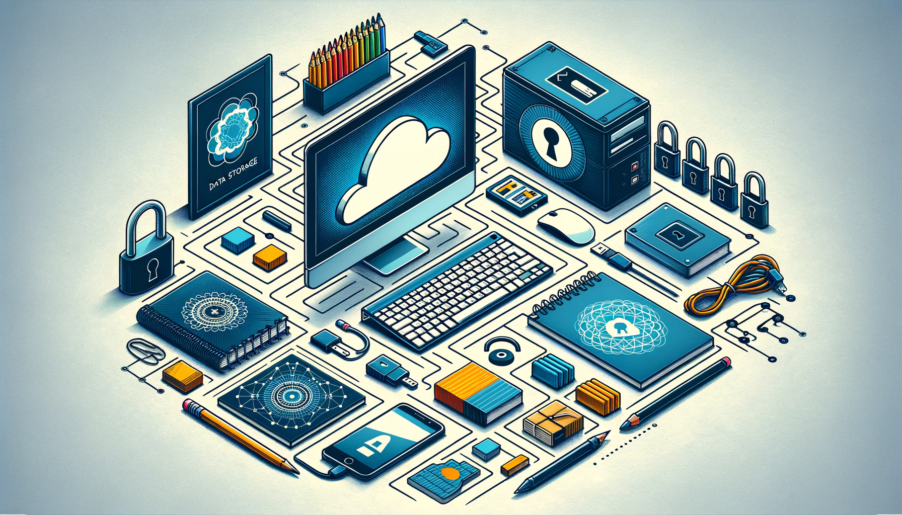 KDB Tech-Update 202411080604 Illustratives Desk-Setup mit Computer, Cloudsymbol, Netzwerk- und Sicherheits-Elementen wie Schlössern, Firewall- und Verschlüsselungsdarstellung zum Datenschutz.