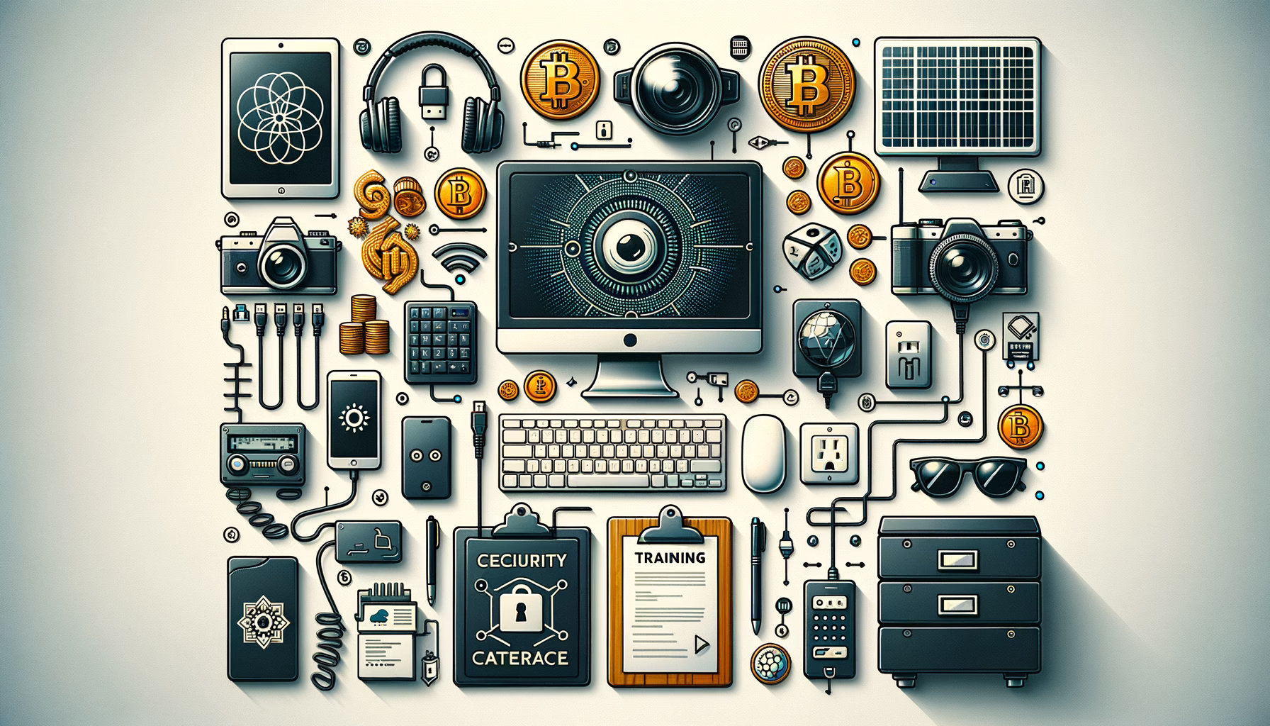 KDB Tech-Update 202411090603 Collage aus Monitor, Smartphone, Kamera- und Sicherheits-/Firewall-Symbolen, Kryptomünzen, Training- und Backup-Elementen zur IT-Schutzdarstellung.