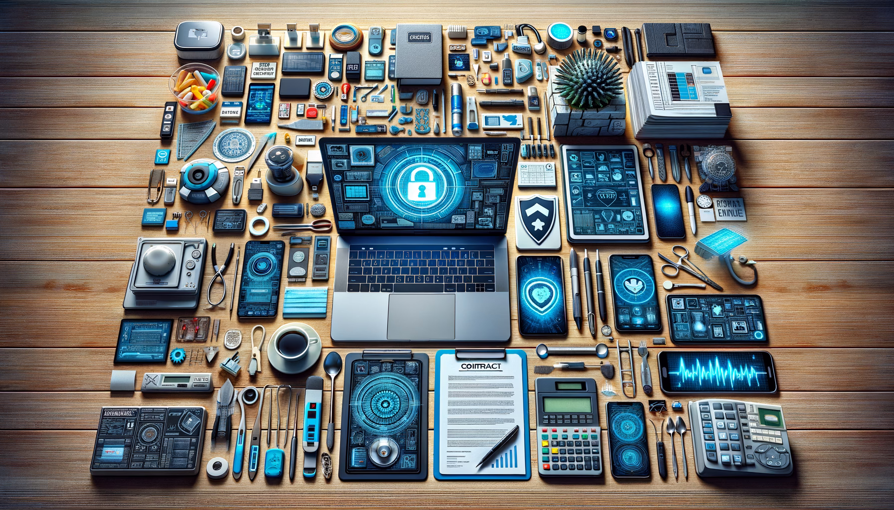 KDB Tech-Update 202411121605 Technik-Desktop mit Laptop, Smartphones, Vertragsformular, Kalender und Sicherheits-Icon; symbolisiert IT-Update, Firewall-Schutz und Planung.