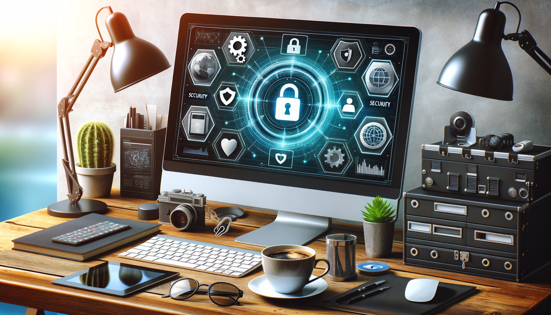 KDB Tech-Update 202411130606 Schreibtisch mit Computerbildschirm und Security-Icons, zentrale Schlossanzeige, ergänzt durch Kaffee, Lampen, Tools und Technik-Elemente zur IT-Schutzwirkung.