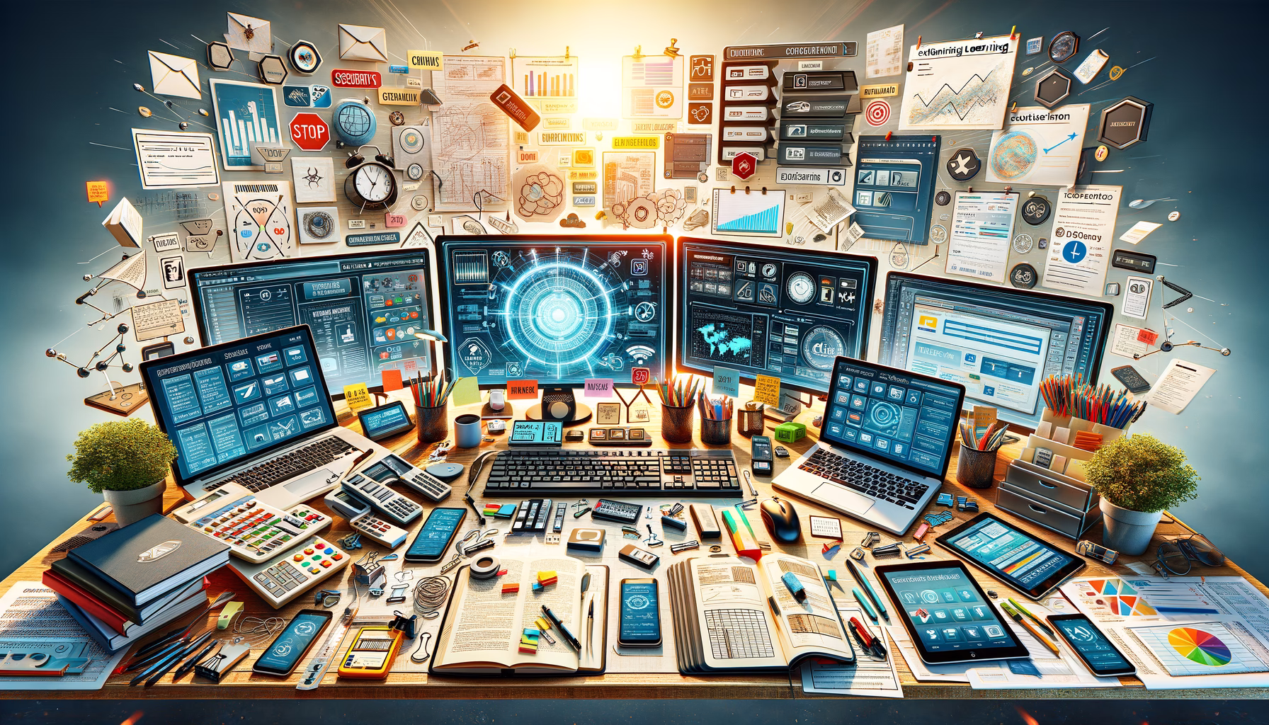 KDB Tech-Update 202411180605 Vielzählige Geräte und Dokumente auf einem Schreibtisch: mehrere Bildschirme mit Lernsoftware, Notizen, Tabellen und Broschüren zur Weiterbildung und Organisation.