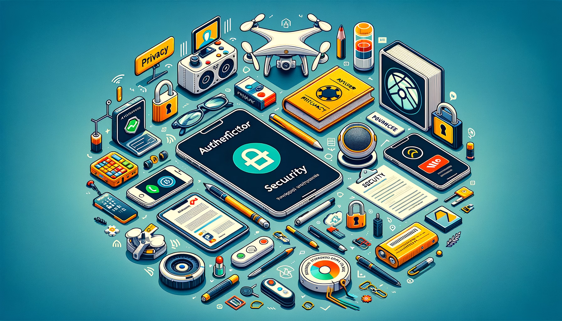 KDB Tech-Update 202411190604 Illustration eines geordneten Technik-Schreibtisches mit Symbolen für IT-Sicherheit: Authentifizierung, Firewall, Datenschutz, Warnsignal, Sperre und Lernmaterialien.