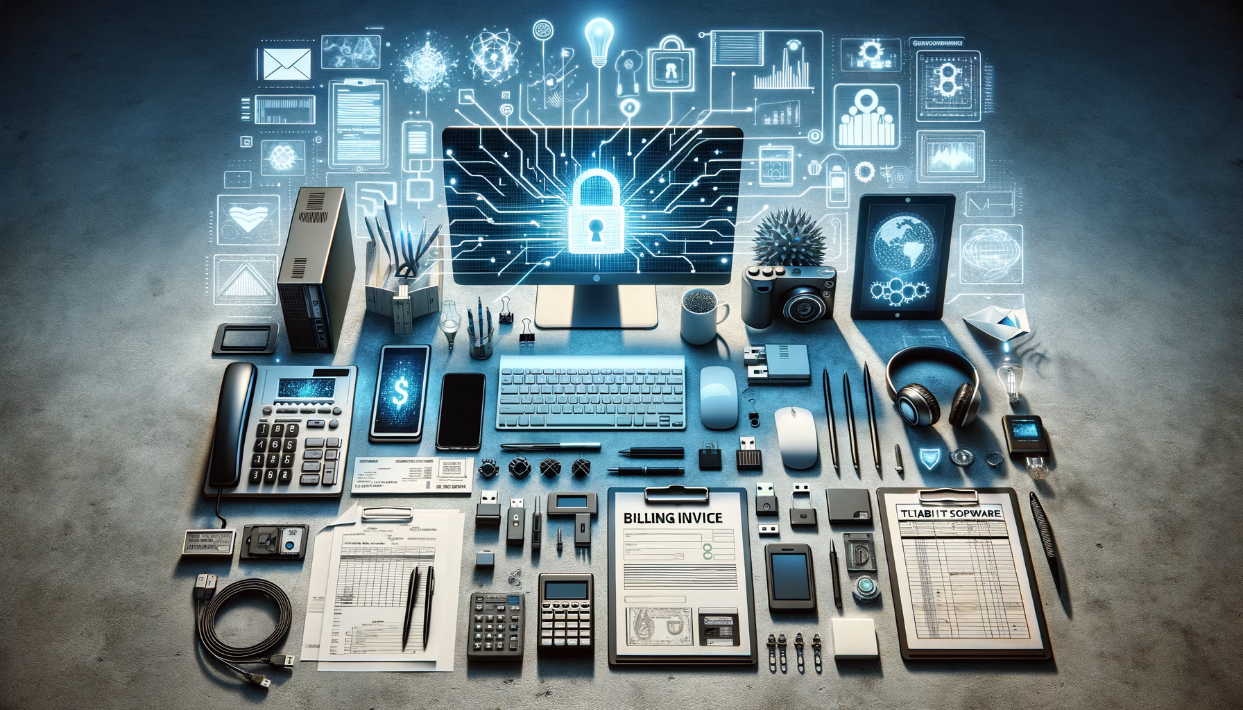 KDB Tech-Update 202411191604 Ordnungsreiches Technik-Desk mit Rechnungen, Rechner, Netzwerkrouter, verschlüsseltem Sicherheits-Symbol und digitalen Konzept-Overlays für IT-Updates.