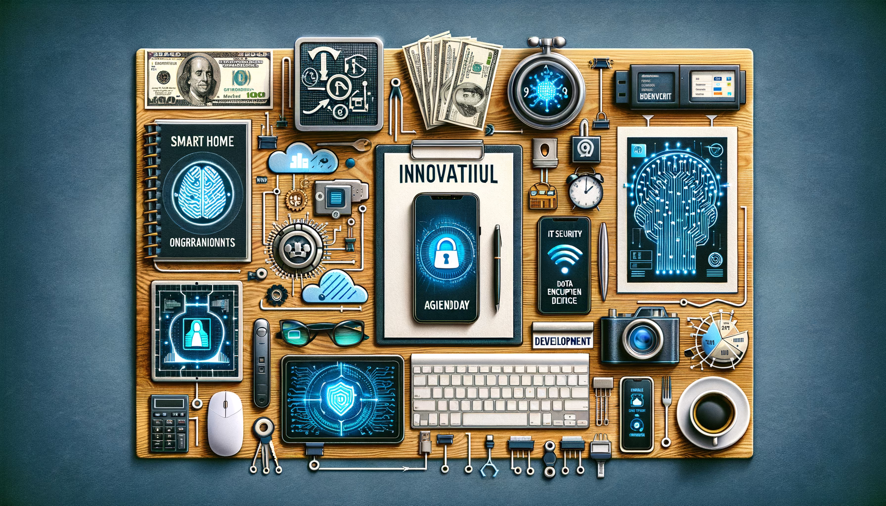 KDB Tech-Update 202411210604 Holztisch mit Laptop, Smartphone und Sicherheits- sowie KI-Logos: symbolisiert IT-Schutz, Datenverschlüsselung, Firewall und smarte Vernetzung.