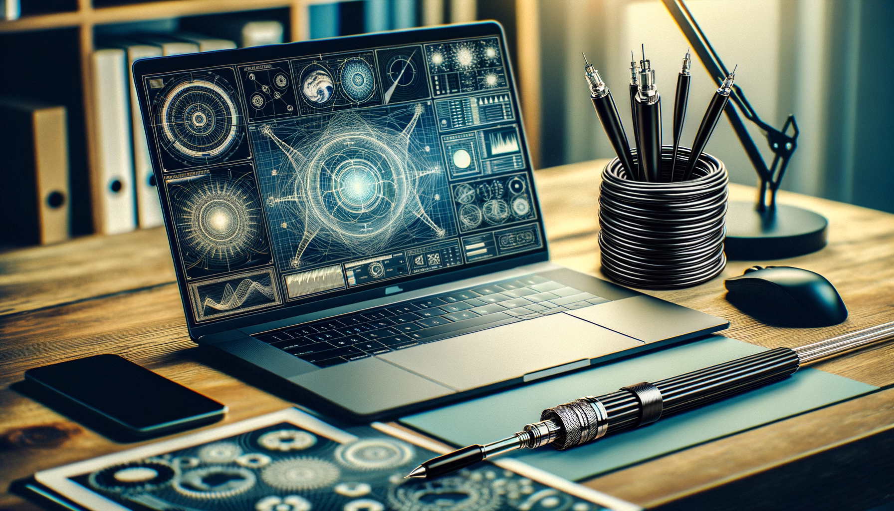 KDB Tech-Update 202411211606 Laptop mit Diagrammen und Radar-Overlays, daneben Kabelrollen, Stifte und ein aufgeräumter Schreibtisch – zur Technik-Analyse und Planung.