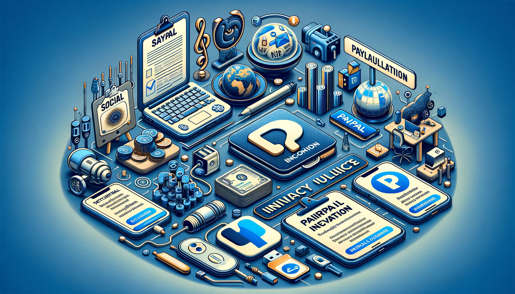 KDB Tech-Update 202411220602 Illustratives Tech-Desk mit Zahlungsdokumenten, Smartphone und Karte, Schutzsymbolen wie USB/Antivirus/Server und Batterie als Hinweis auf Ausfälle