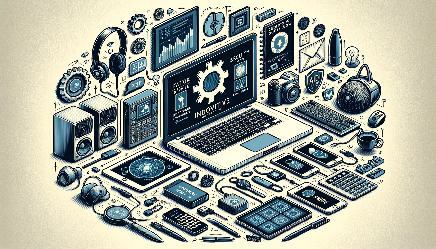 KDB Tech-Update 202411221603 Schreibtisch-Illustration: Laptop mit Sicherheits- und Update-Grafiken, daneben Geräte wie Smartphone, Mikrofon, Kopfhörer und Netzwerkverbindung.