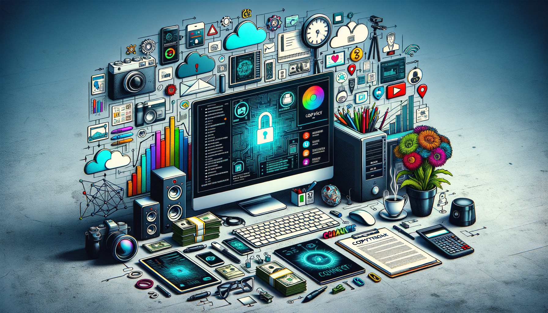 KDB Tech-Update 202411230605 Arbeitsplatz-Illustration mit Computer und Smartphone, Sicherheits- und Malware-Scan-Anzeige, Netzwerkrouter, Dokumente, Kamera und Symbolen zur Datensicherung.