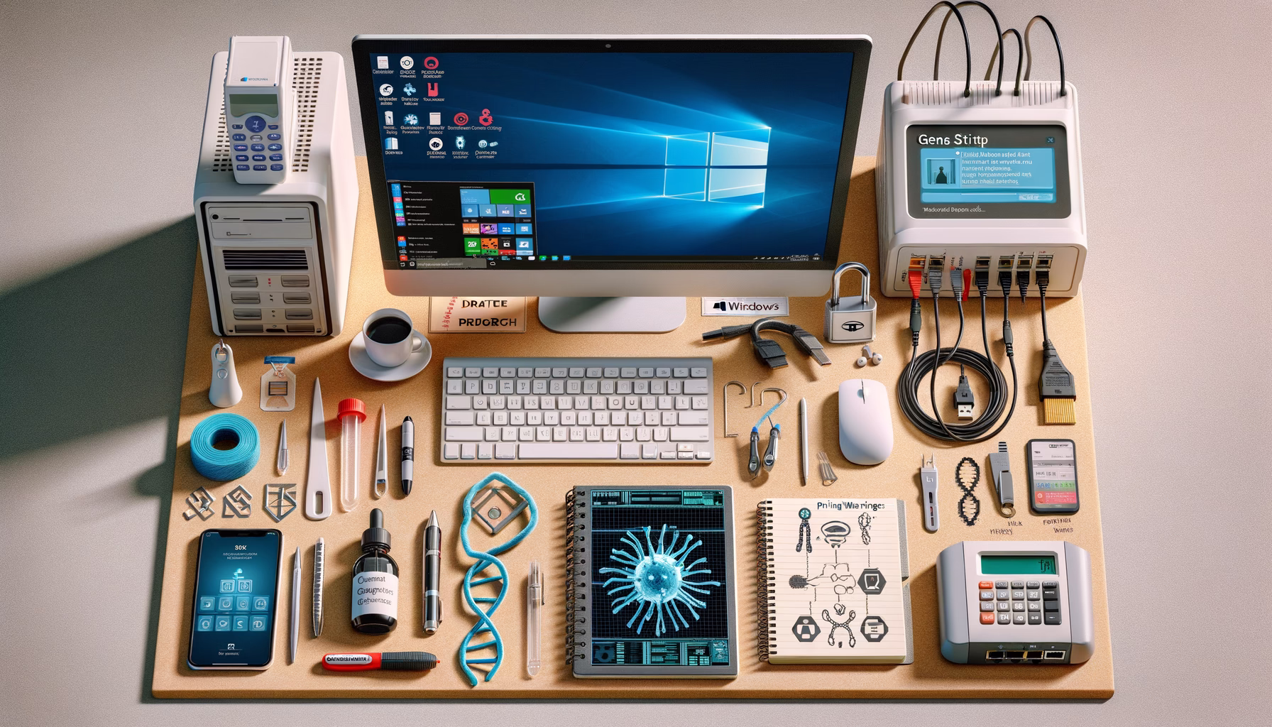 KDB Tech-Update 202411241605 IT-Arbeitsplatz mit PC, Patchkabeln und Router, Teststreifen sowie Sicherheits-Schloss; daneben Notizbuch und Rechner für Planung und Rechnungsmandat.