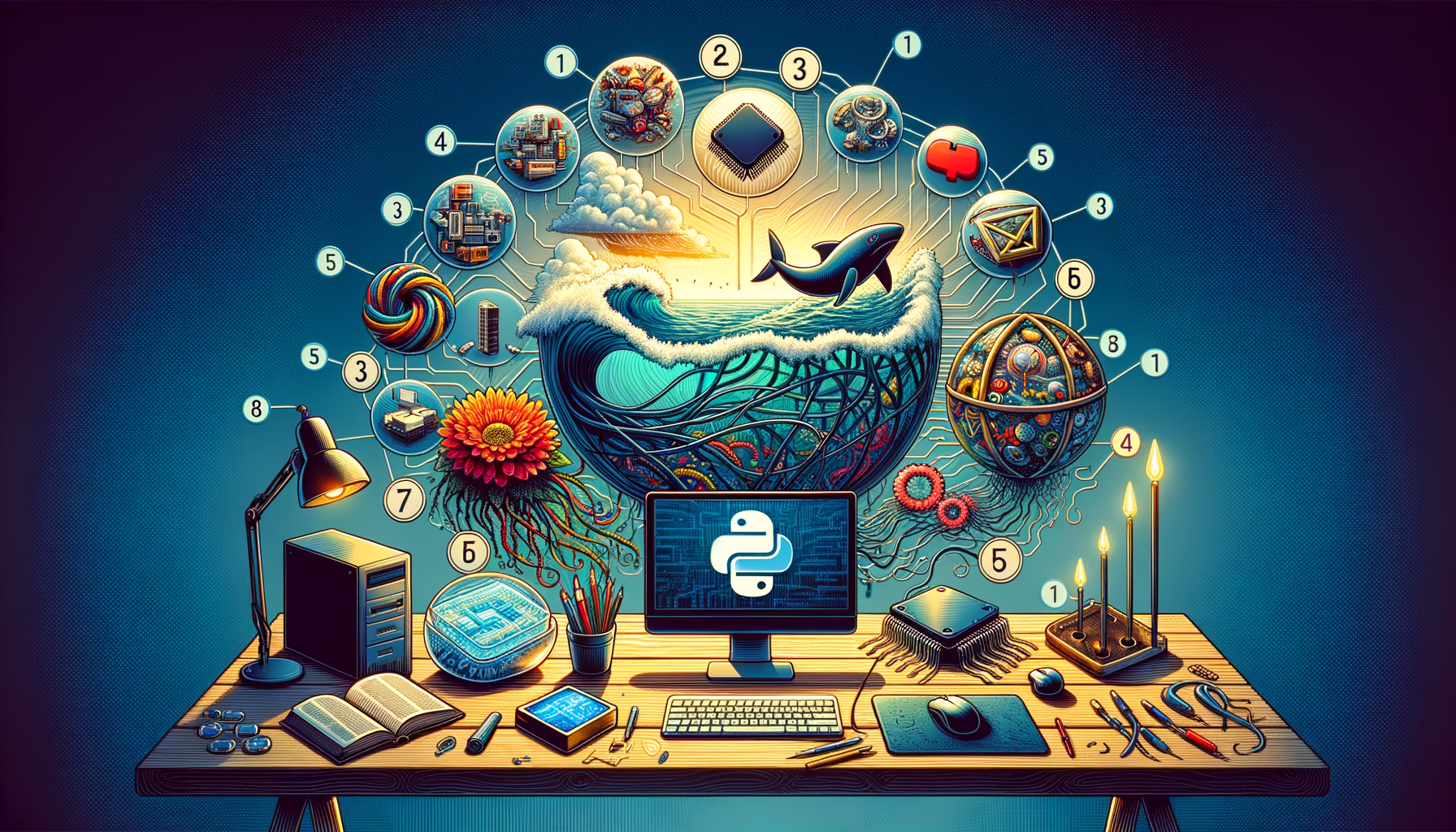 KDB Tech-Update 202411250601 Illustrative IT-Desktop-Szene: Computer mit Python- und Software-Symbolen, Mikrochip und Untersee-Kabeln, abstrakte Malware/Website-Elemente, Netzwerk- und Schutzgrafik.