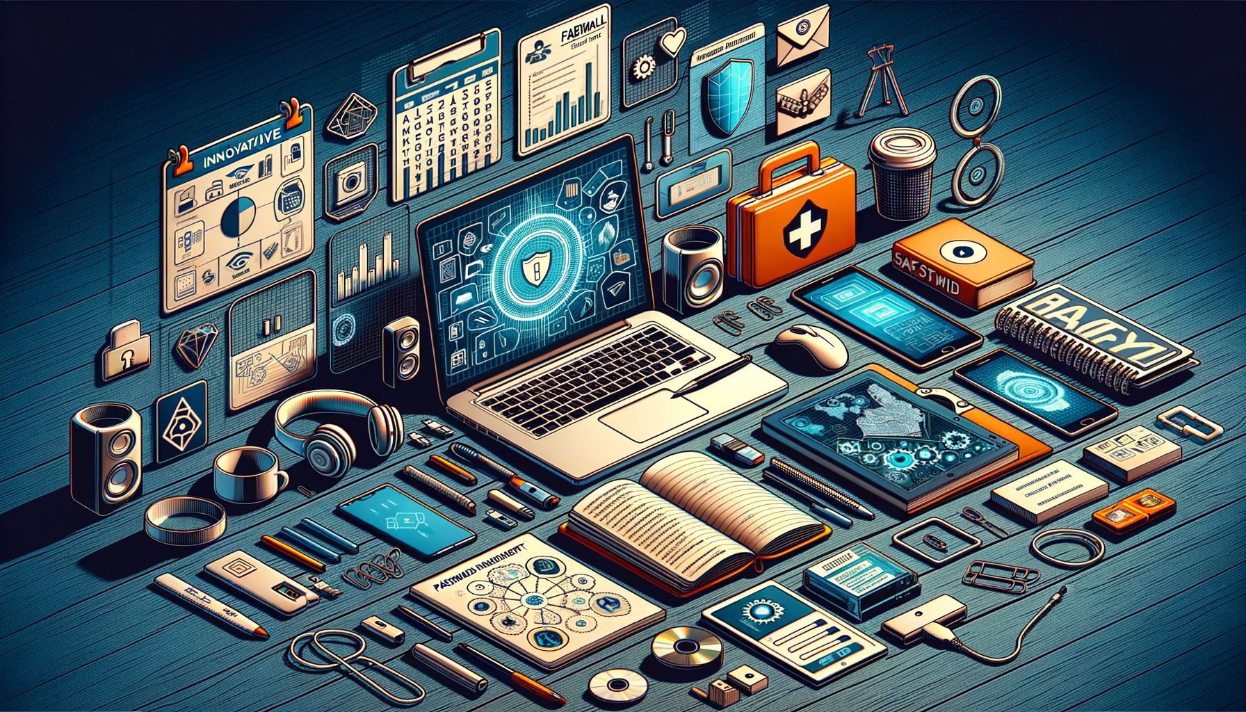KDB Tech-Update 202411261601 Ordentlich arrangierter Technik-Arbeitsplatz mit Laptop, Mobilgerät, Dokumenten und Sicherheits-Icons; symbolisiert IT-Updates, Datenschutz und Schutzmaßnahmen.
