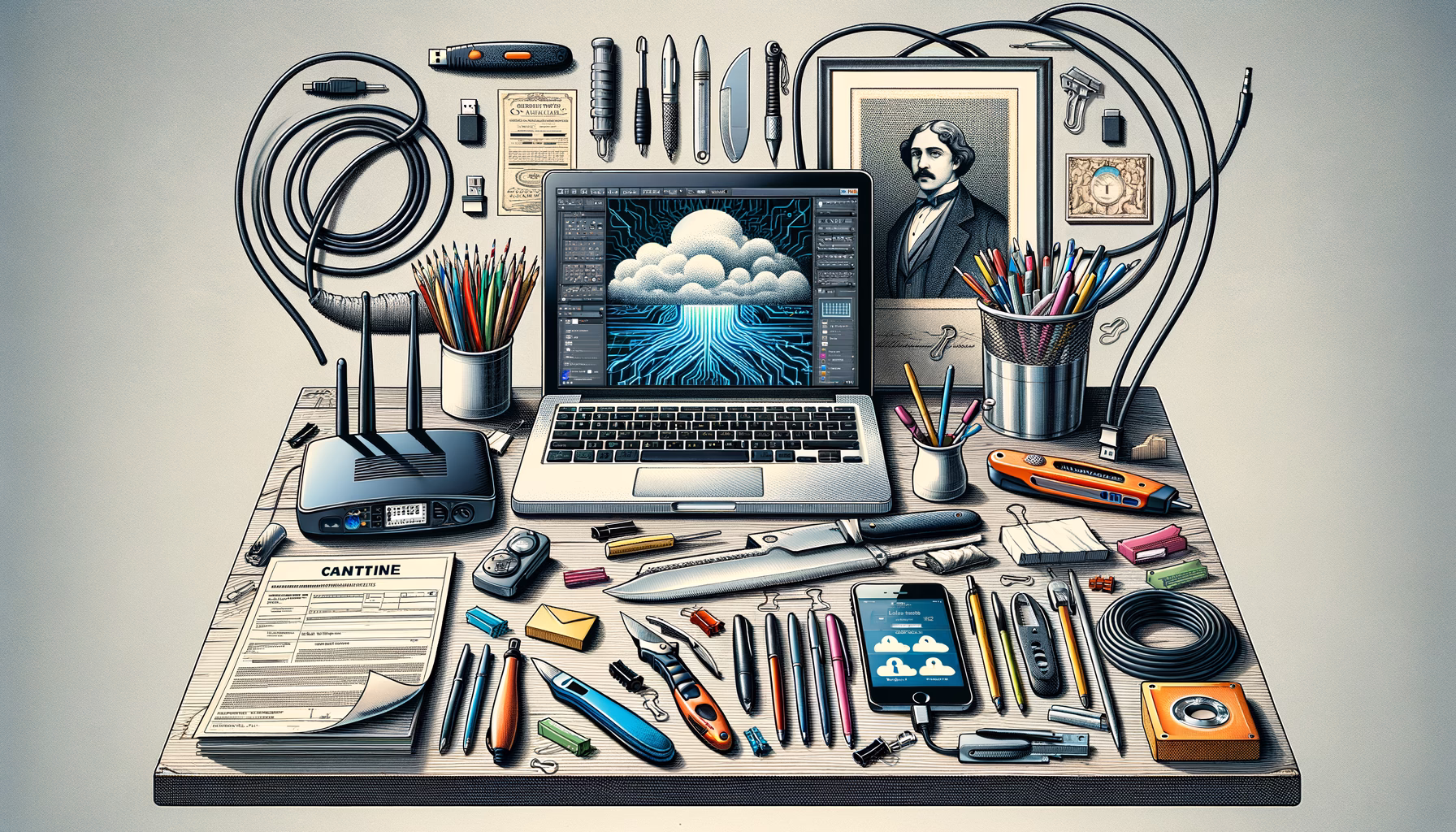 Schreibtisch mit Laptop, Router, USB-Stick, Kabeln, Dokumenten und Schreibwaren; Visualisiert Technik-, Organisation- und Sicherheits-Workflows.