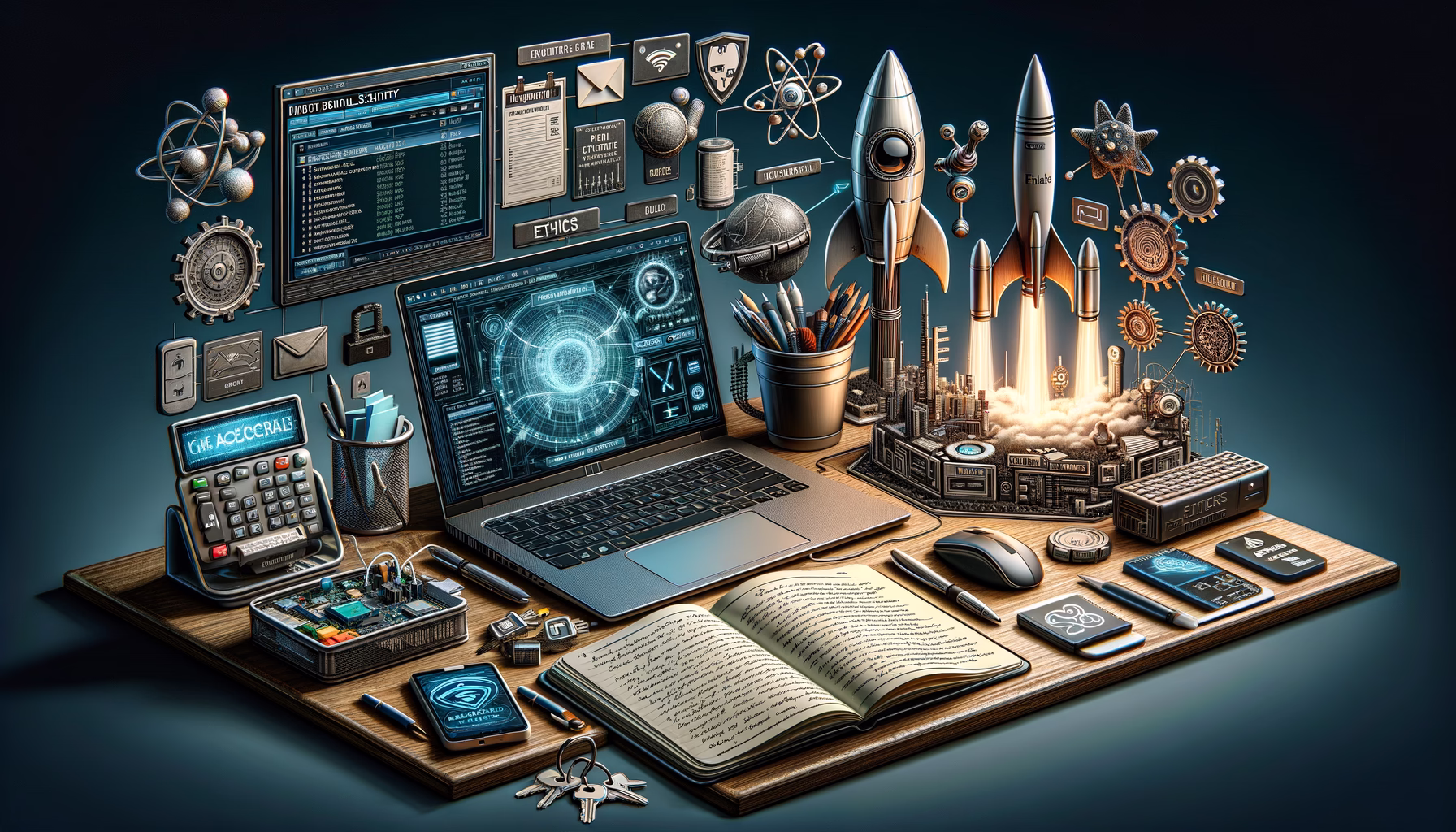 KDB Tech-Update 202412021606 Arbeitsplatz-Übersicht: Laptop mit Sicherheits- und Analysebildschirm, Notizbuch mit Stift, Zugangskarten und Schlüssel, USB und Router, Raketenmodell.