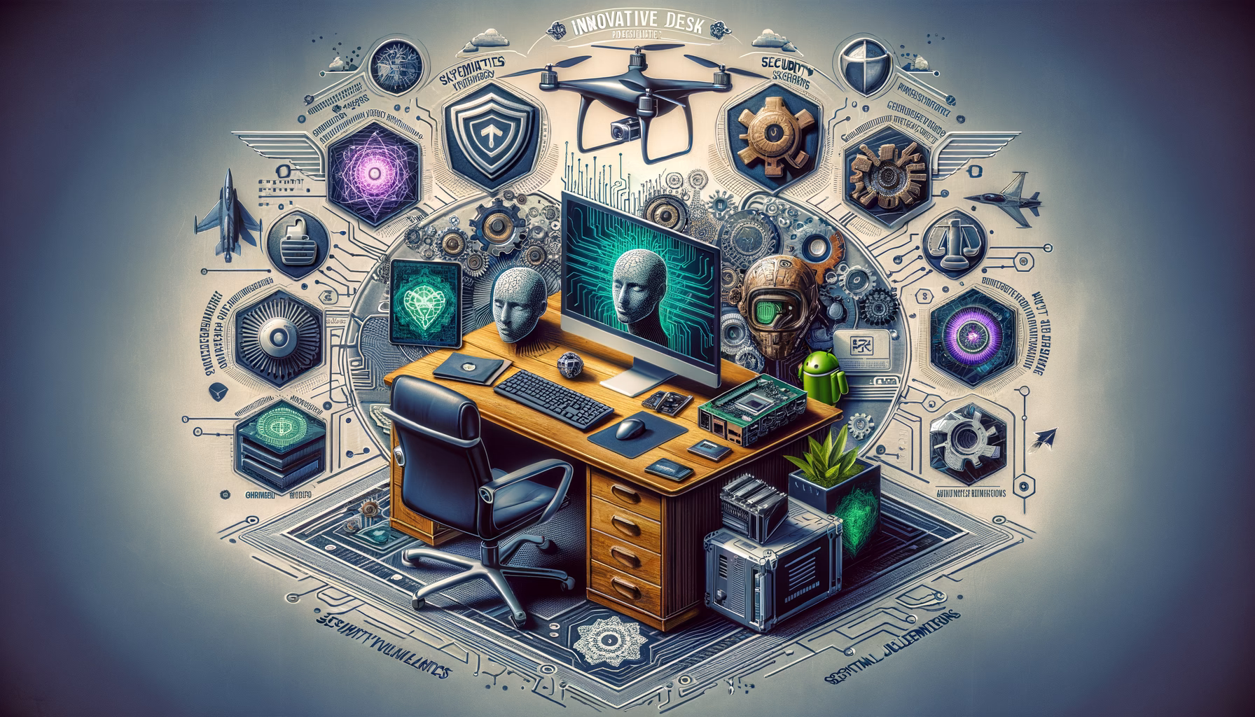 KDB Tech-Update 202412031606 Technik-Desktop mit PCs, Drohne und Android-Symbolen; Sicherheits-Update, Schutzschilde, KI-Logik und digitale Bedrohungen visualisieren.
