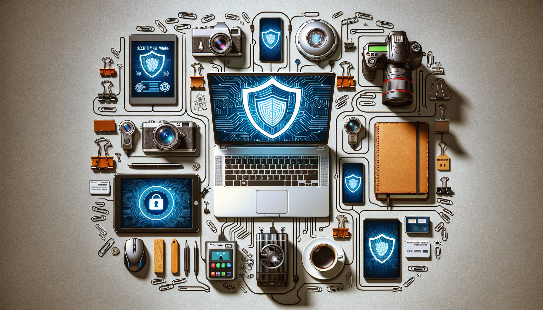 KDB Tech-Update 202412081604 Zentrale Computer- und Laptop-Ansicht mit schützendem Schildsymbol; umgeben von Kamera, Projektor, Tablet, Smartphone, Karten und Zubehör für sichere Technik.