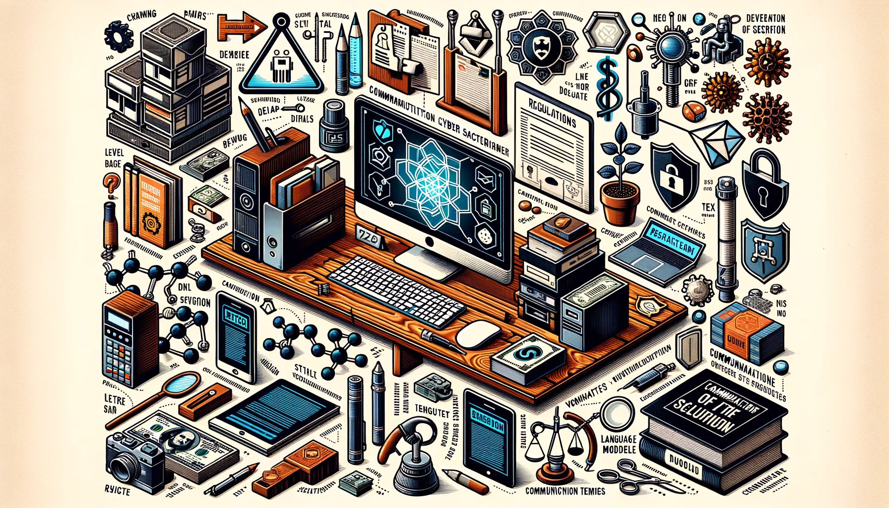KDB Tech-Update 202412090606 Organisiertes Desk-Layout mit Monitoren, Dokumenten, Sicherheits- und Cybercrime-Symbolen sowie Werkzeugen zur Kommunikation und Lösungskonzepten.