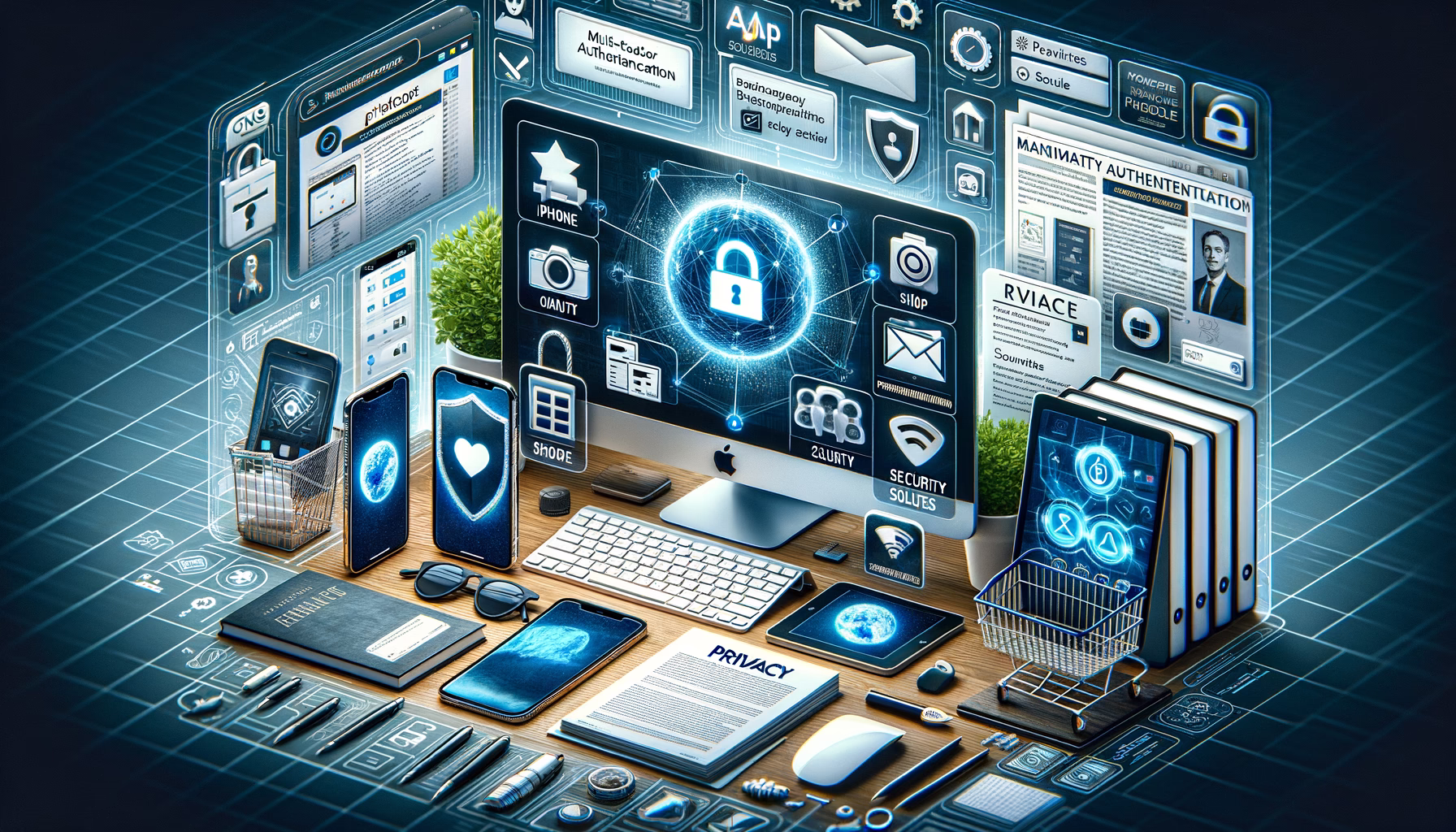KDB Tech-Update 202412120604 Technisches Desk-Setup mit Monitor, Smartphone, Cloud- und Shop-Icons, Login-/Schutzsymbolen, Passwort- und Datenschutzunterlagen zur Absicherung.