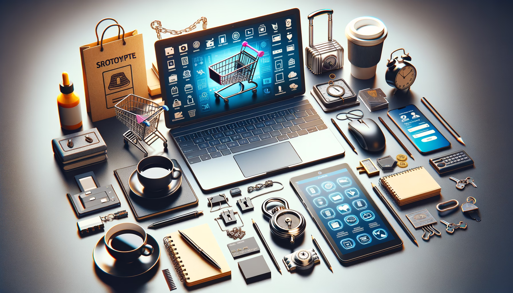 KDB Tech-Update 202412131605 Arbeitsplatz-Übersicht: Laptop mit Prototyp-Software, Smartphone, Notizbuch, Kaffeetasse sowie Sicherheits- und Vintage-Elemente wie Schloss/Manual als geordnete Projektbasis.