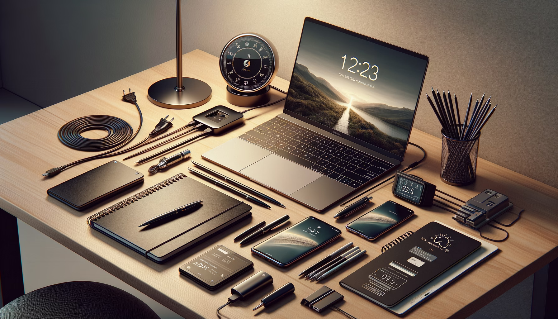 KDB Tech-Update 202412160608 Ordentliches Schreibtisch-Setup mit Laptop, Smartphones, digitalem Timer und Wetterstation; Stifte, Notizbücher und Kabel führen zur Steckdose.