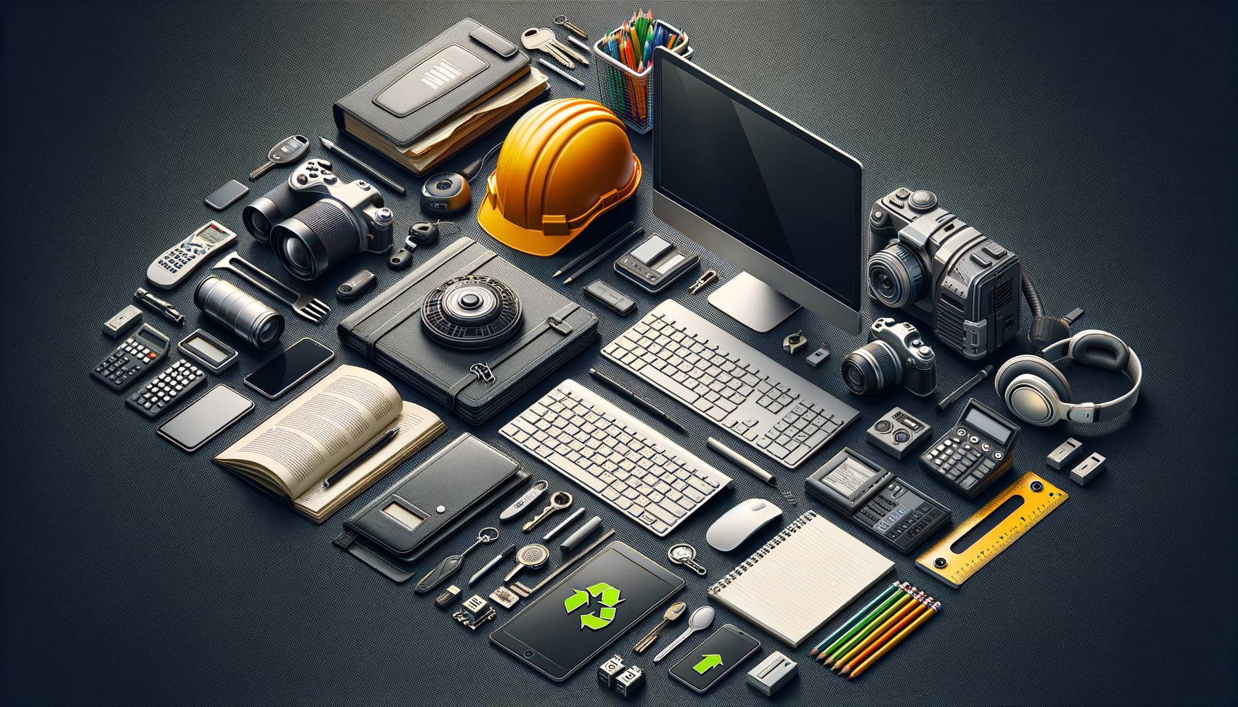 KDB Tech-Update 202412161603 Technisch aufgeräumter Arbeitsplatz mit Computer, Tastaturen, Dokumenten, Kamera- und Sicherheitsobjekten sowie Recycling-Symbolen zur Planung und Verwaltung.