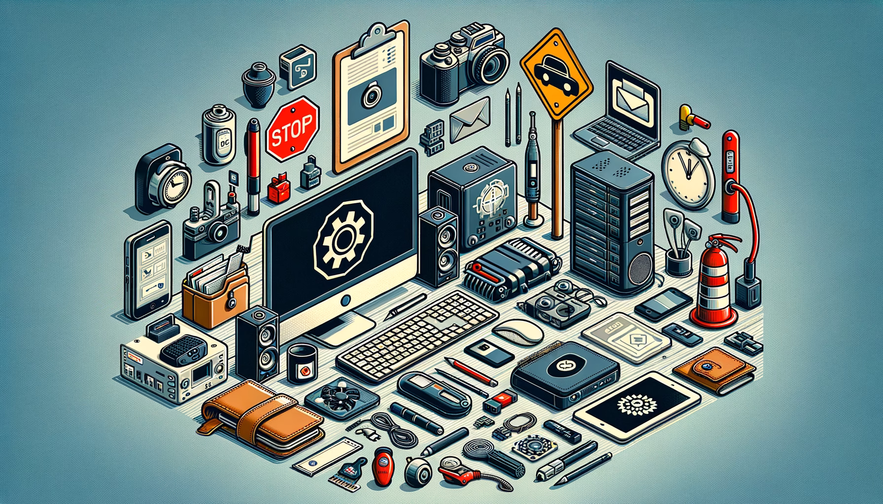 KDB Tech-Update 202412180604 Technologie-Workspace: Laptop, Server, Kamera, Smartphone, USB und Netzwerkmaterial um Schreibtisch mit Sicherheits- und Dokumenten-Apps, Signal- und Schutzsymbolen.
