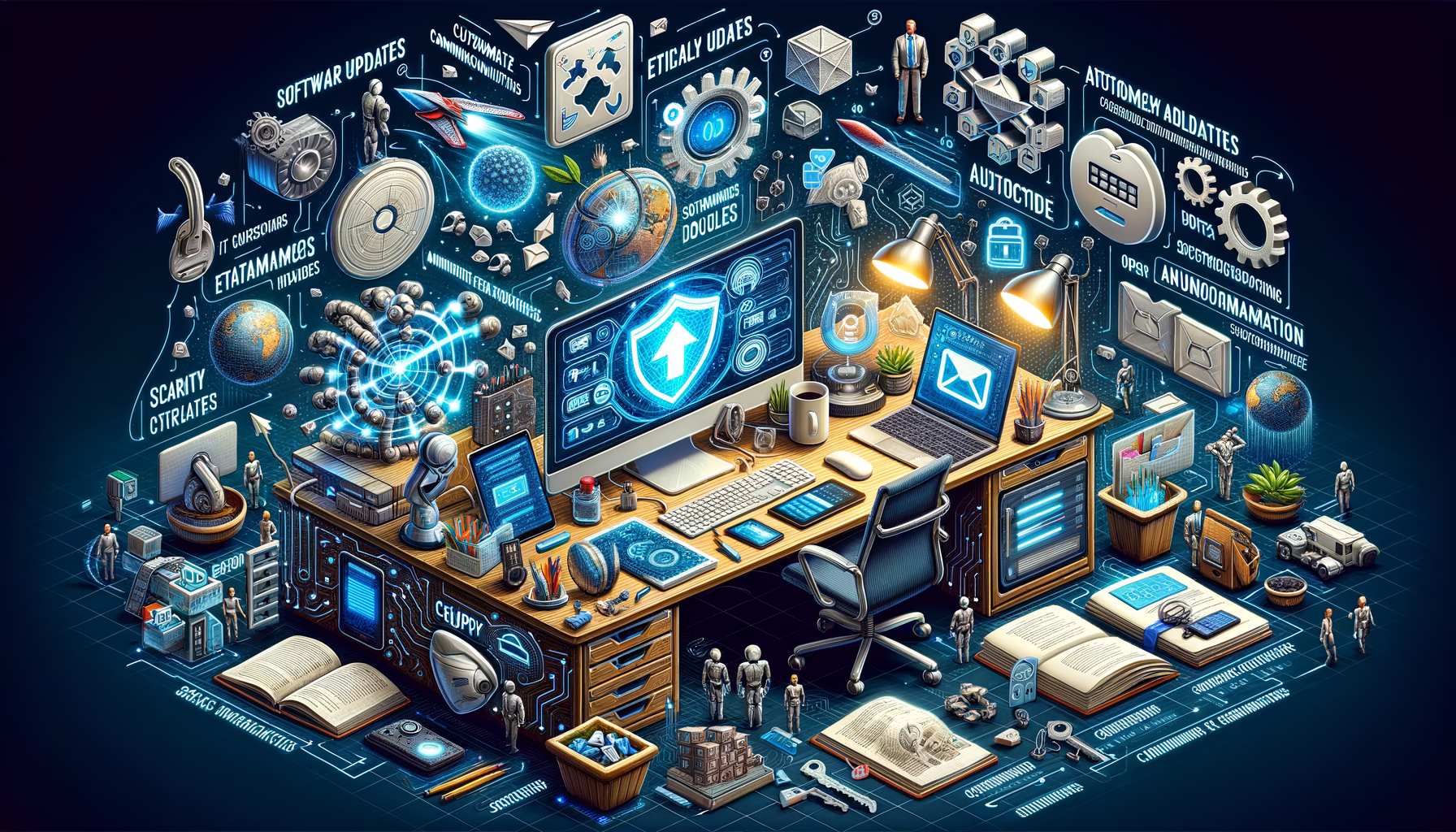 KDB Tech-Update 202412181604 Technik-Workbench: Computer, schwebende Updates, Schutzschild und verriegelter Bildschirm; daneben Werkzeuge für Automatisierung, Kommunikation und Schulung, symbolische IT-Sicherheit.