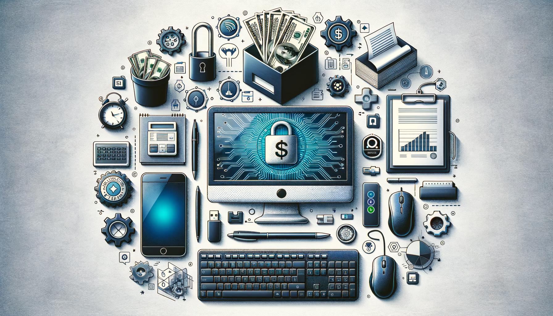 KDB Tech-Update 202412200606 Schreibtisch-Layout mit Laptop, Smartphone, Maus und Sicherheits-Symbolen; zeigt digitale Prozesse wie Zahlung, Schutz und Dokumente.