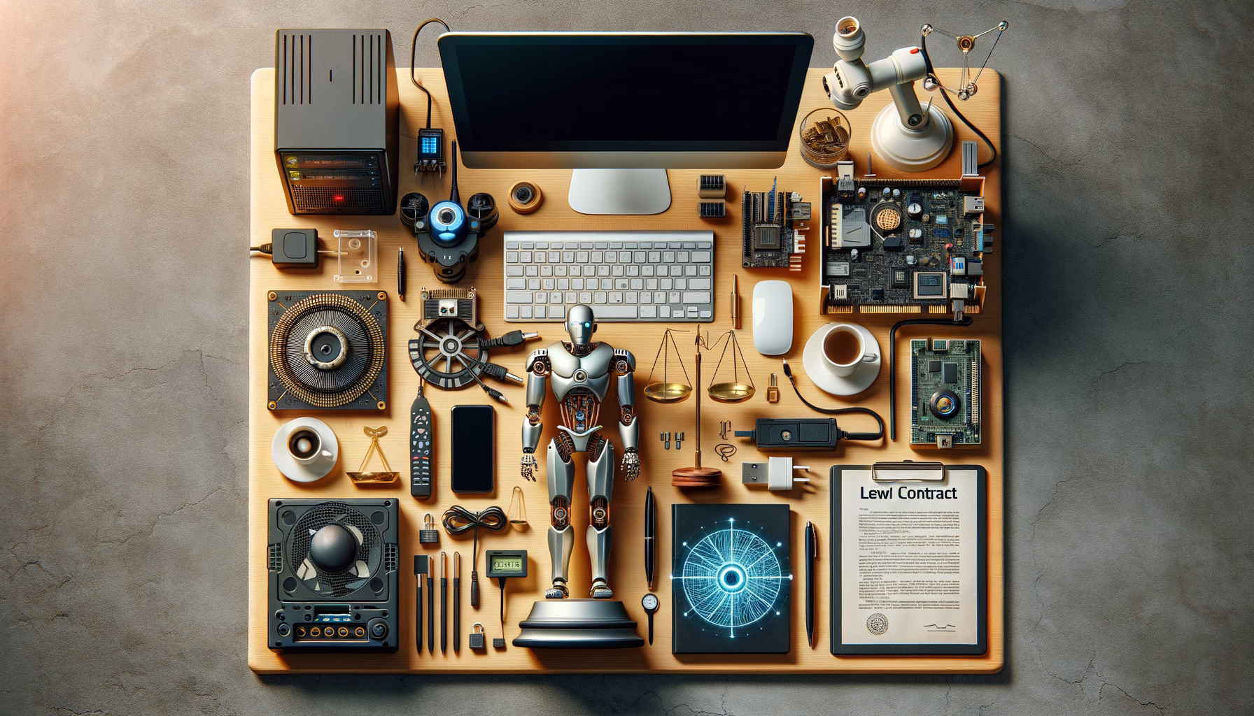 KDB Tech-Update 202412211604 Technik- und Rechtsthema: Desktop-Set mit Computer, Router, Überwachungskamera, Schaltkarte, Robotik, Testgeräten und gesichertem Vertragsdokument.