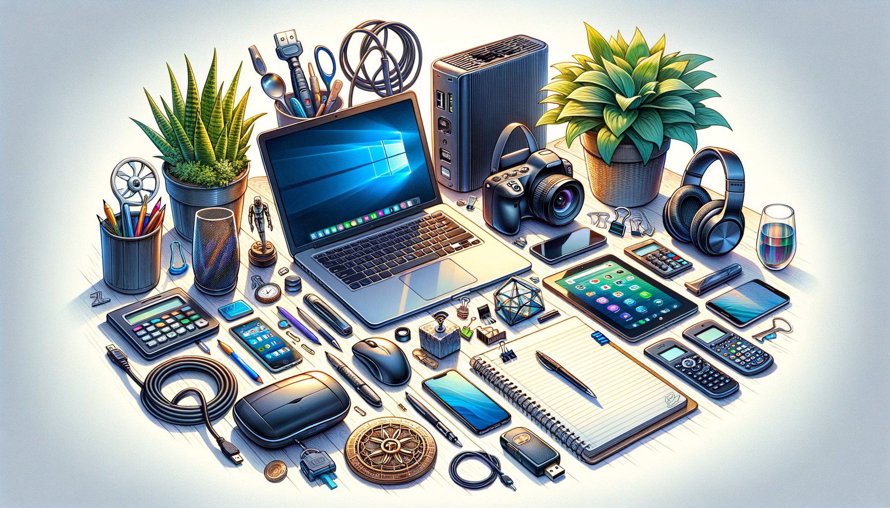 KDB Tech-Update 202412221604 Technik-Desktop mit Laptop, Monitor, Smartphone, Zubehör und Geräten; verdeutlicht vernetzte Arbeit, Datentransfer und Kommunikation.