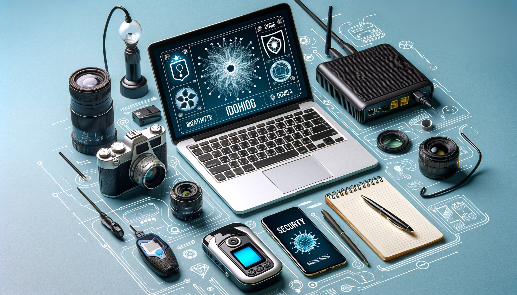 KDB Tech-Update 202412230602 Technik-Desk mit Laptop, Router und Smartphone; auf dem Laptop zeigt sich Sicherheitssoftware, um Datenschutz zu visualisieren.