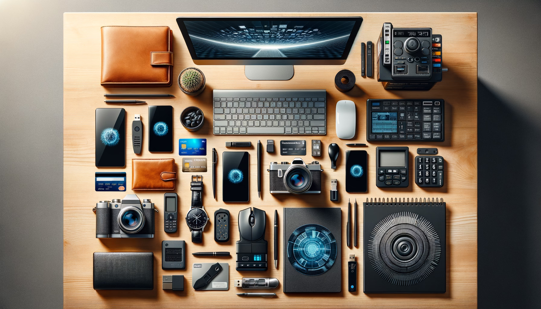 KDB Tech-Update 202412231603 Ergonomisch arrangierter Technikarbeitsplatz mit Laptop, Smartphone, Zubehör, Kamera, Firewall-Gerät und Notizblock zur modernen Daten- und Arbeitsorganisation.