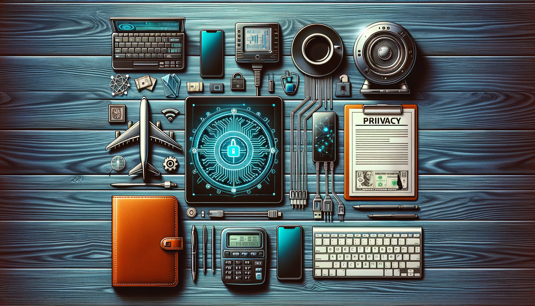 KDB Tech-Update 202412241603 Übersichtstisch mit Laptop, Smartphone, Router und Kabeln; daneben Tablet mit Sperr-Icon und Privacy-Dokument als Symbol für Datenschutz & IT-Sicherheit.