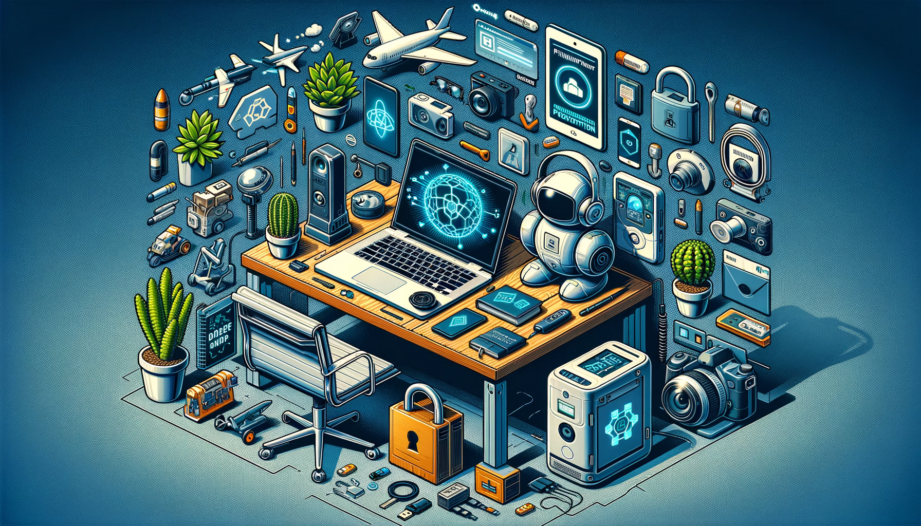 KDB Tech-Update 202412251603 Technologie-Arbeitsplatz mit Laptop, Kameras, Robotik-Elementen und Sicherheits-Icons, plus Geräte zum Schutz, Wechsel und Datensicherung.