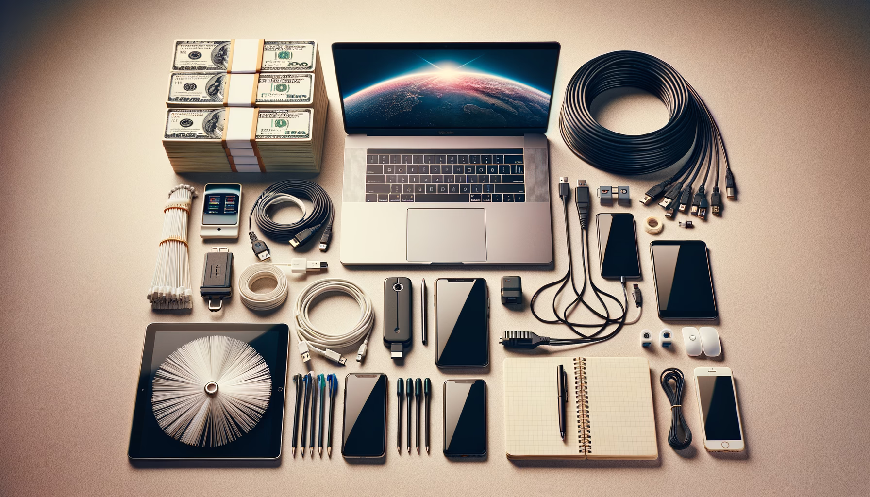 KDB Tech-Update 202412261604 Technik-Arbeitsplatz: Laptop mit Kabelsalat, USB-Sticks und Ladekabeln, mehrere Smartphones, Notizbuch und Stift sowie Zubehör, bereit für Datenaustausch.