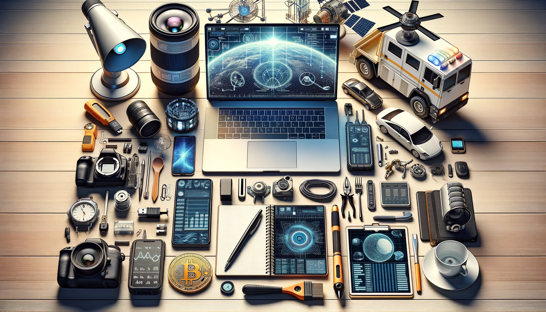 KDB Tech-Update 202412291602 Technik-Desktop mit Geräten: Laptops, Smartphones, Tablets, Überwachungskamera, Netzfilter, Charts und Werkzeuge zur Analyse und Datensicherung.