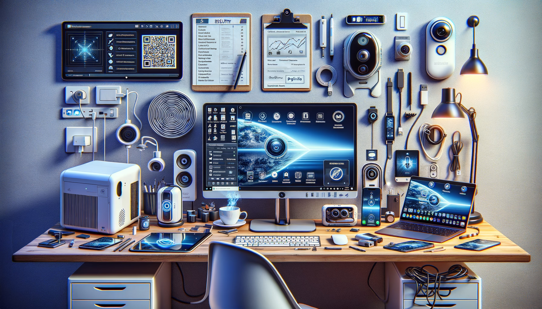 KDB Tech-Update 202412300602 Technik-Desk mit Monitoren, Sicherheitssymbolen, vernetzten Geräten, QR-Scanner und Ladekabeln; dient der Arbeitsplatz- und Sicherheitsüberwachung.