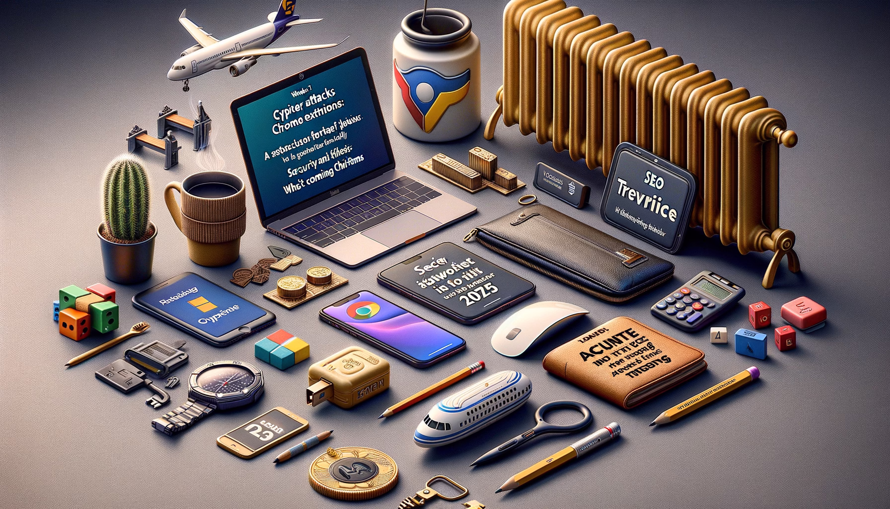 KDB Tech-Update 202412301605 Illustrative Techniksammlung auf einem Tisch: Laptop, Smartphones, Sicherheits- und Tech-Symbole, Münzen, Werkzeuge, Flugzeugmodell und Heizkörper.