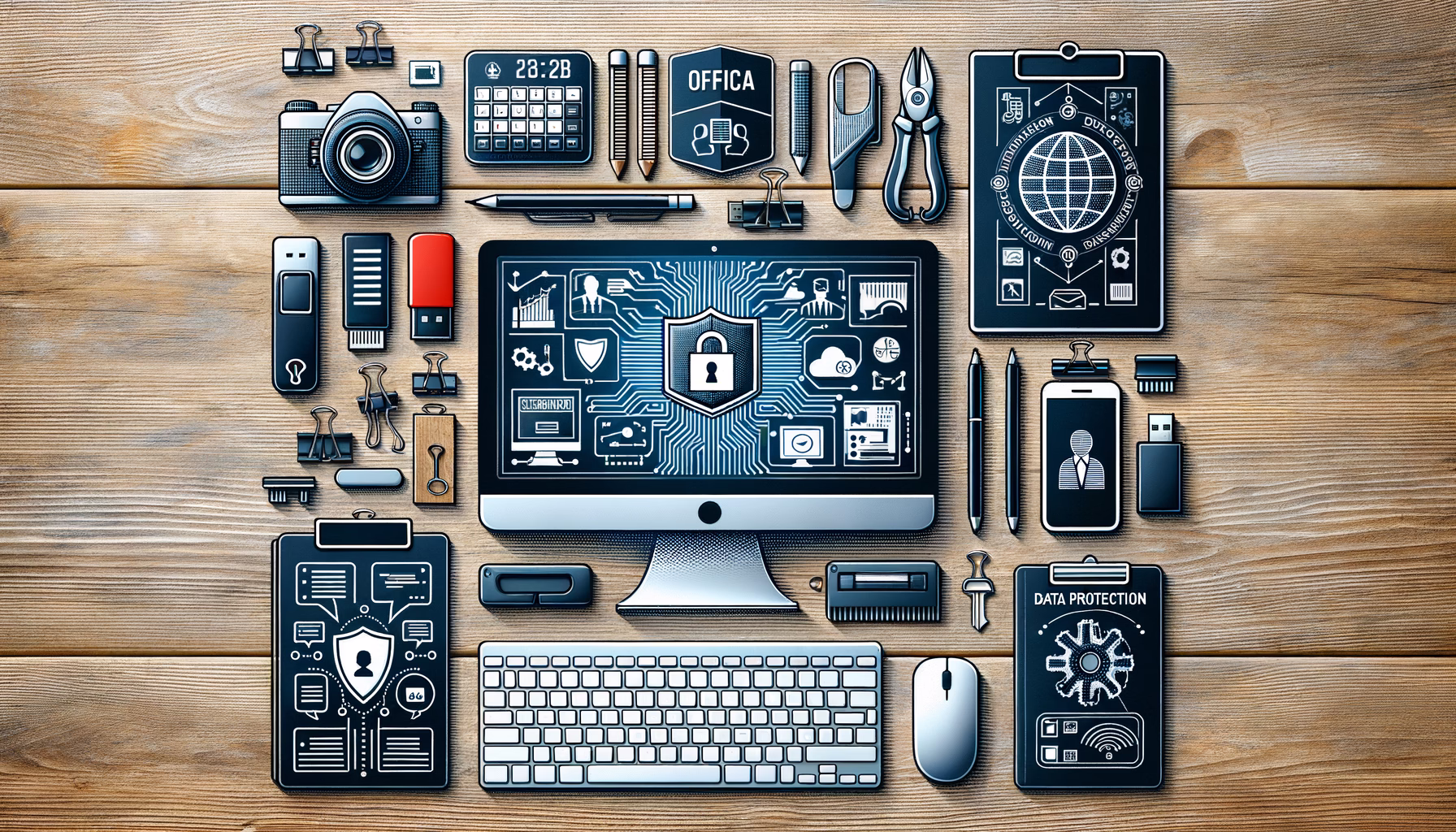 KDB Tech-Update 202501031605 Übersichtlicher Arbeitsplatz mit Monitor, Tastatur, Smartphone, USB-Stick und Unterlagen; Symbolgrafiken zeigen Datenschutz und IT-Sicherheit.