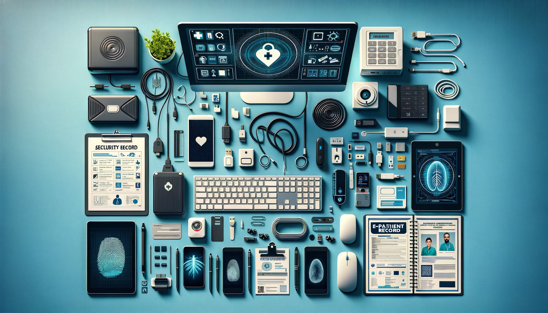 KDB Tech-Update 202501040604 Überblick über vernetzte IT- und Medizin-Technik: Computer mit Sicherheits- und Antivirus-Ansicht, Fingerabdruck- und Kartenleser, E‑Patientenakte, Adapter.