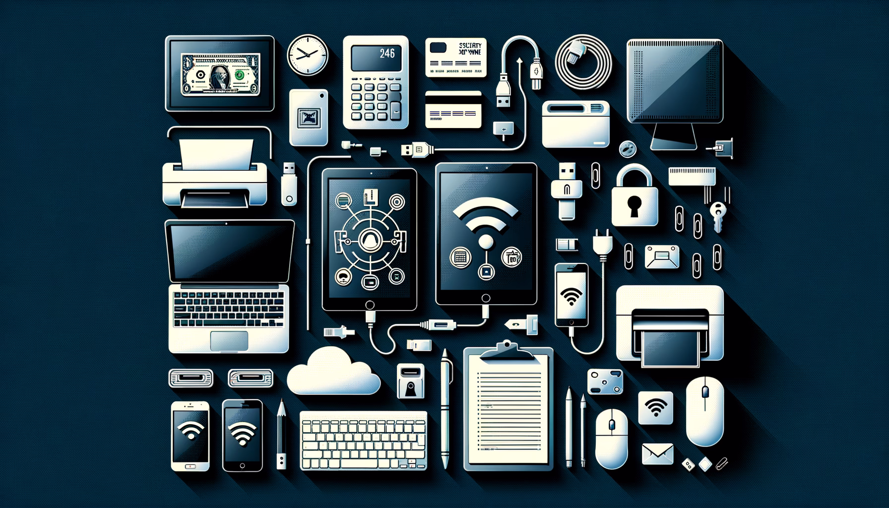 KDB Tech-Update 202501041606 Technik-Collage mit Laptop, Monitor, Drucker, Router, Smartphone und Tablet; Symbole für WLAN und Datensicherheit zeigen vernetzte Arbeitsabläufe.