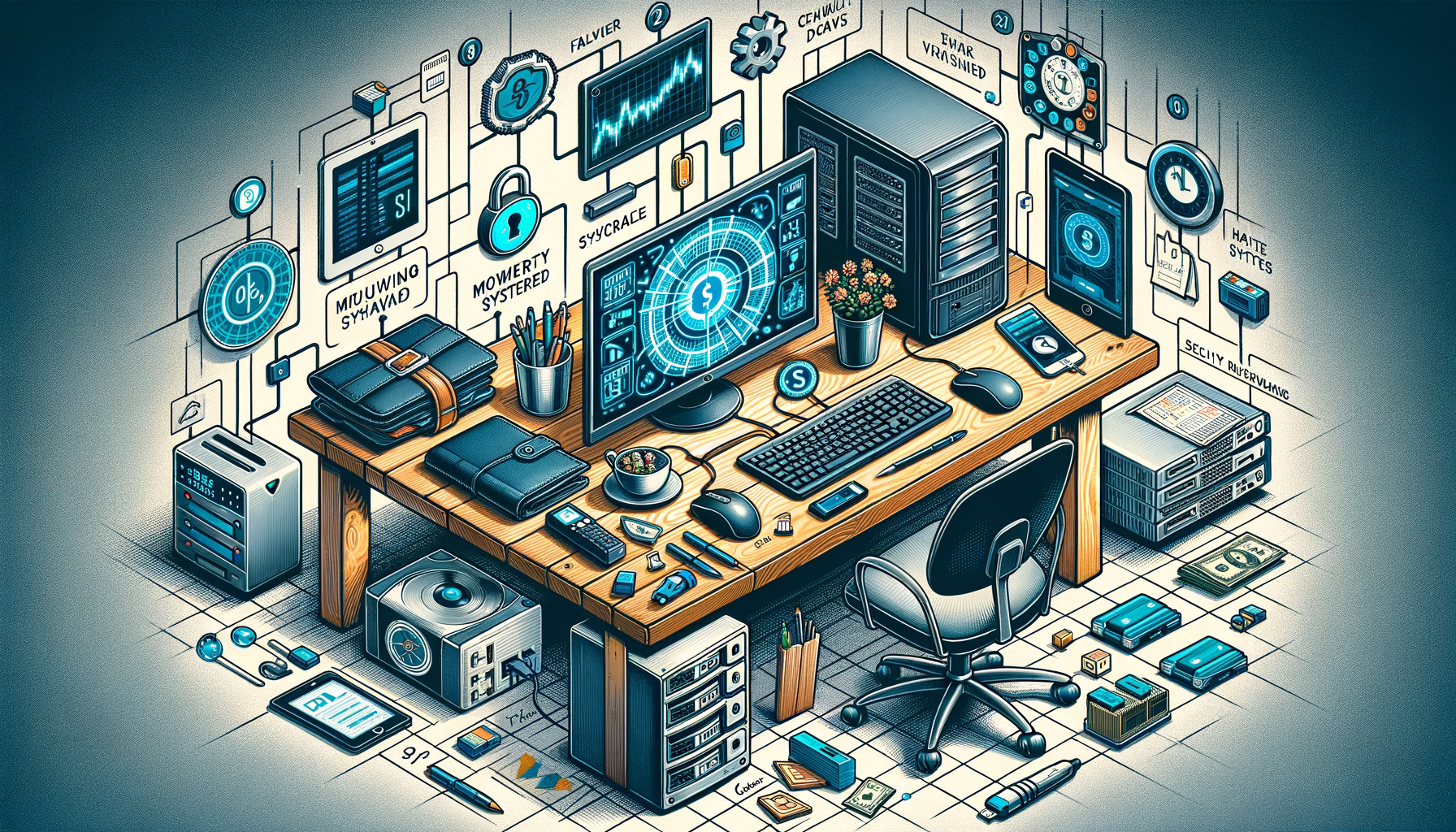 KDB Tech-Update 202501050603 Technik-Finanz-Desk mit Monitor, Servern, Router, Kabeln, Speichermedien und Sicherheits-/Firewall-Visualisierungen für Daten- und Netzwerküberwachung.